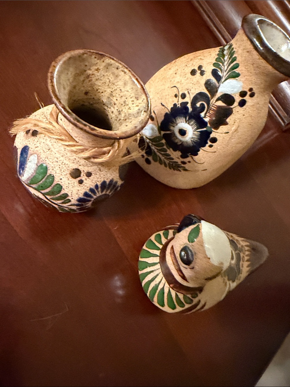 Hand-Painted Ceramic Vases and Bird Figurine - Cream with Blue & Green Accents